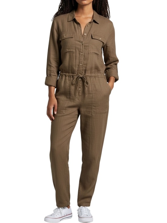 Roots Pants - Roots Utility Linen Blend Long Sleeve Jumpsuit Olive